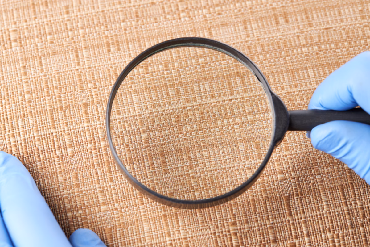 person detecting pest or insect on a furniture textile. parasite control and cleaning service concept. sanitation worker. copy space.